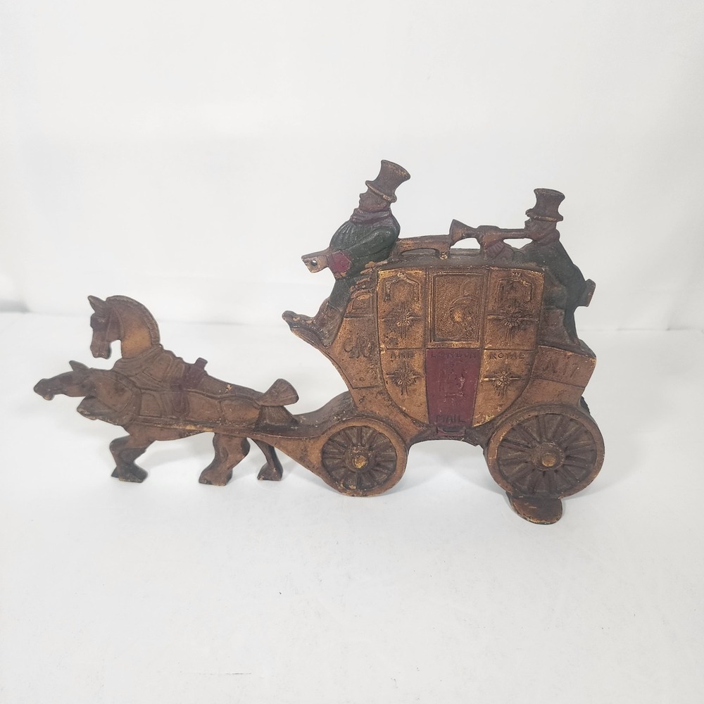 Vintage Cast Iron Royal Mail Stagecoach Doorstop Horse Carriage Painted Decor